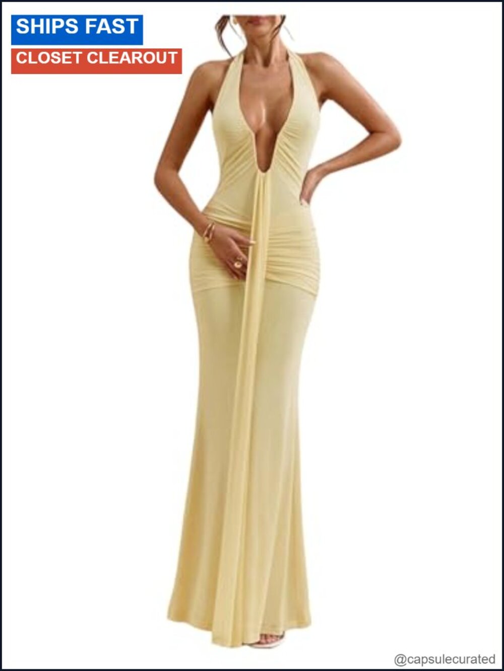 Halter Deep V Neck Backless Bodycon Maxi Dress Sleeveless Cocktail